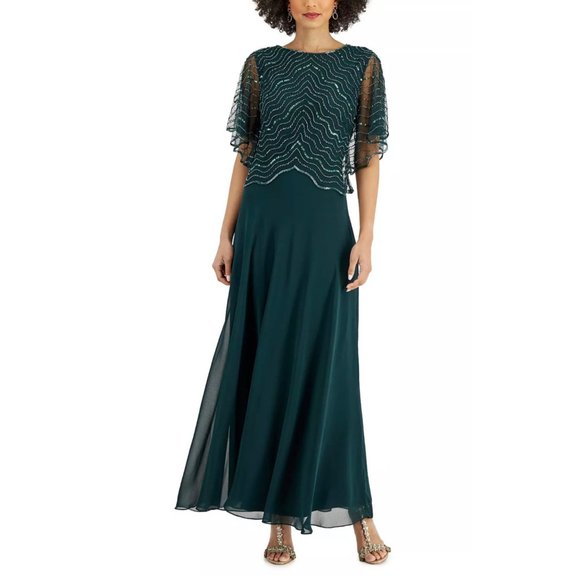 J Kara Beaded Flutter Sleeve Gown Hunter Size 12 - Picture 1 of 4